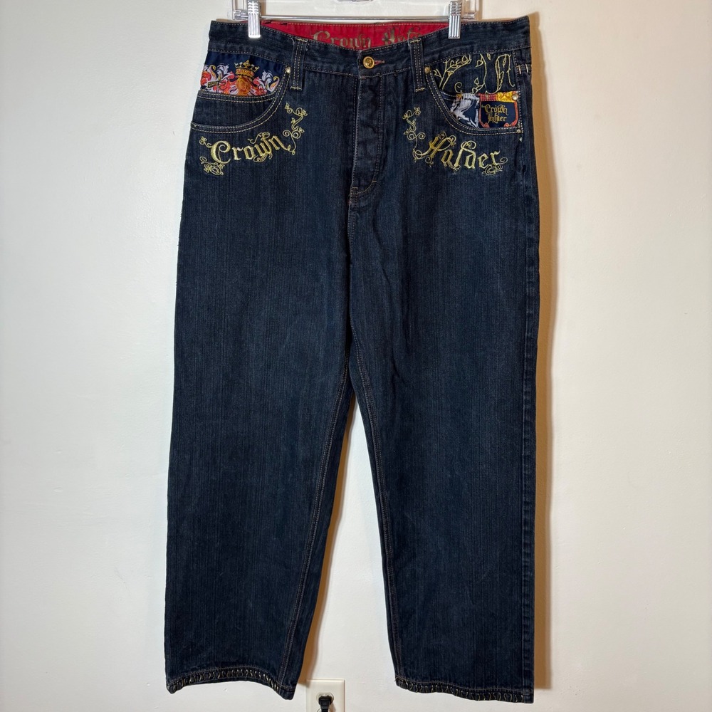 Crown Holder Embroidered Dark Wash Jeans‎ Size 38 Crest & Royal Embellishments